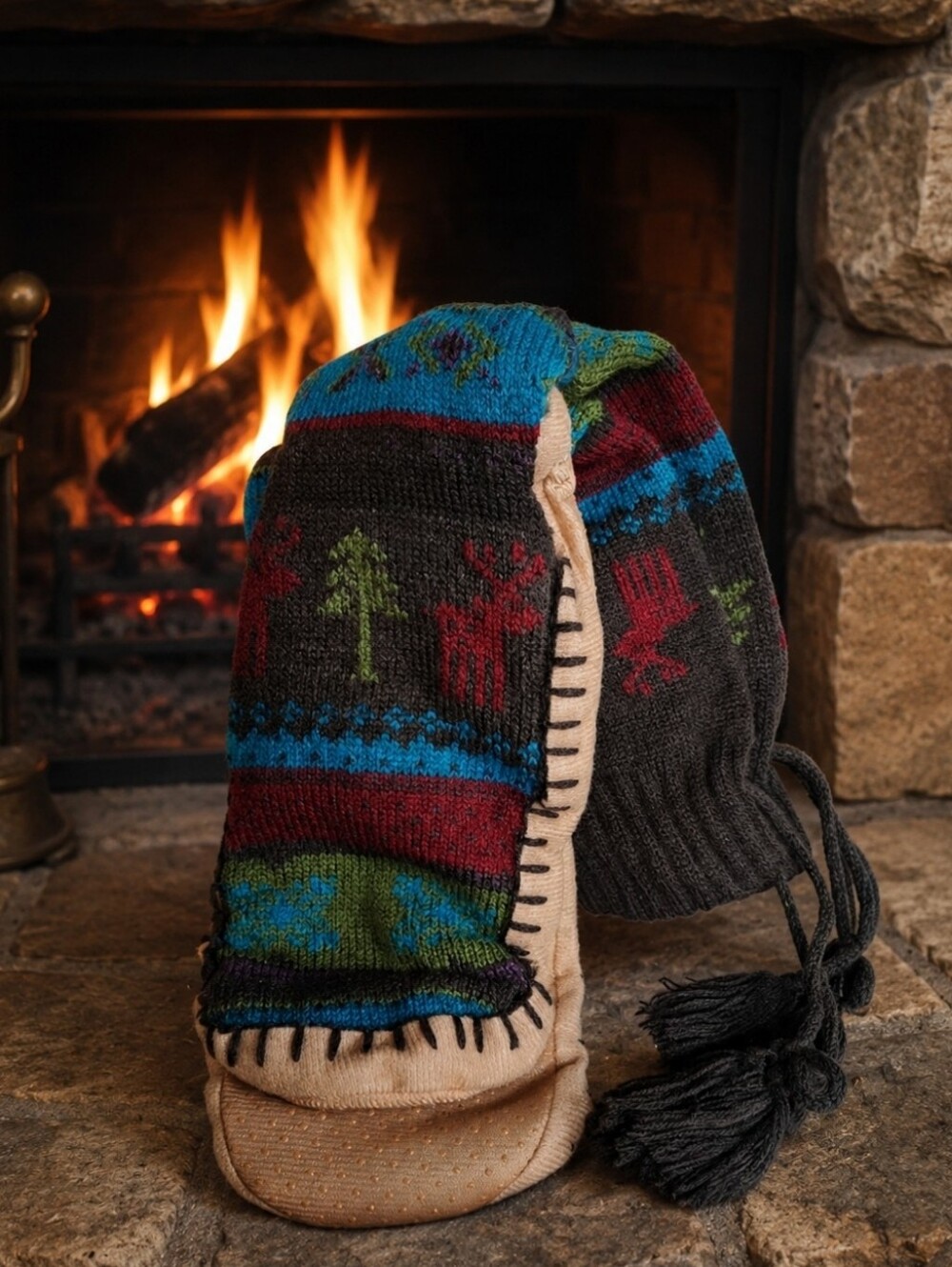 Tall Knit Knitted Winter Cabin Scene Grippy Slipper Sweater Socks Size Large